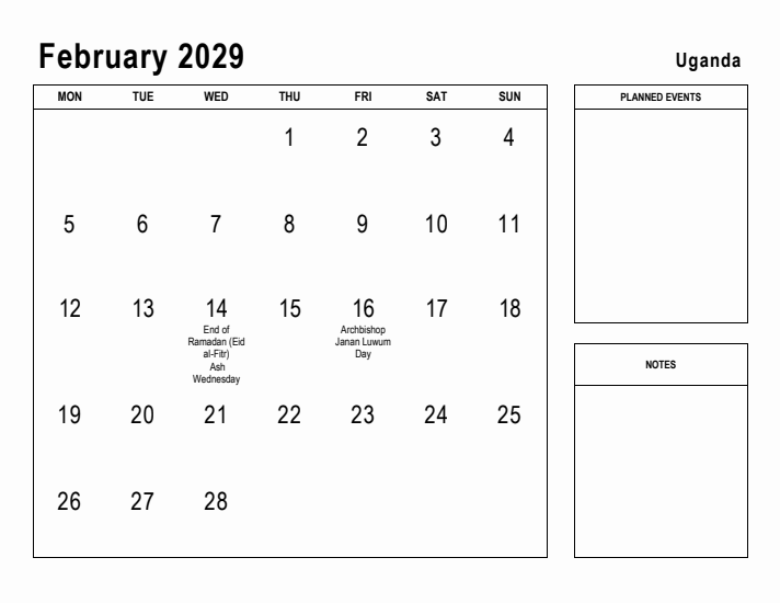 February 2029 Printable Monthly Calendar with Uganda Holidays