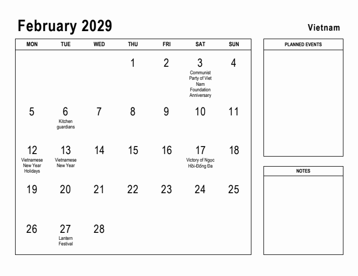 February 2029 Printable Monthly Calendar with Vietnam Holidays