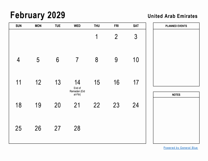 February 2029 Printable Monthly Calendar with United Arab Emirates Holidays