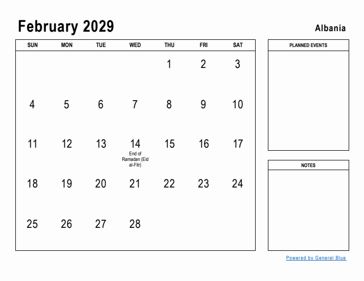 February 2029 Printable Monthly Calendar with Albania Holidays