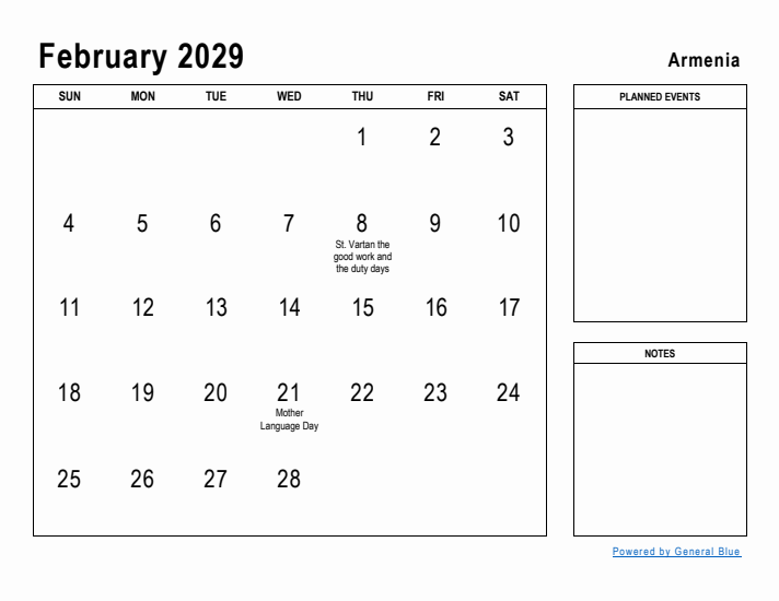 February 2029 Printable Monthly Calendar with Armenia Holidays