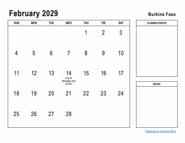 February 2029 Printable Monthly Calendar with Burkina Faso Holidays