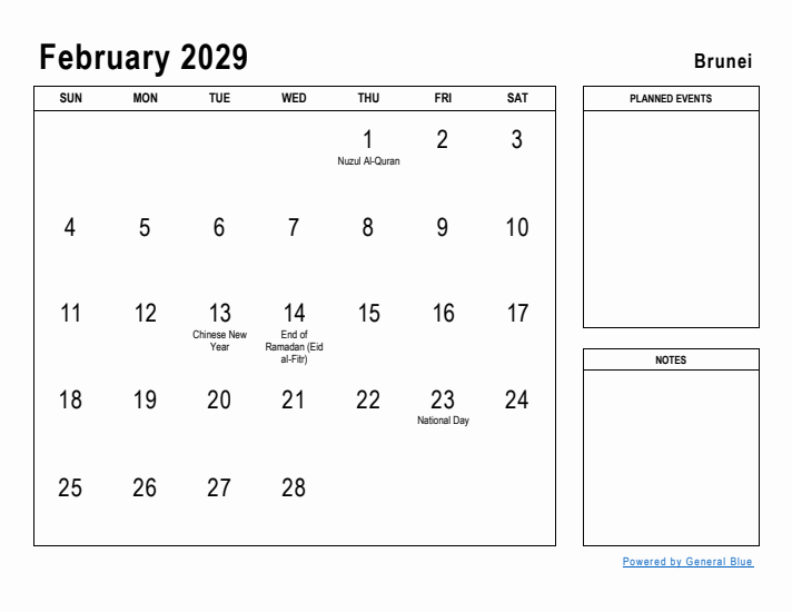 February 2029 Printable Monthly Calendar with Brunei Holidays