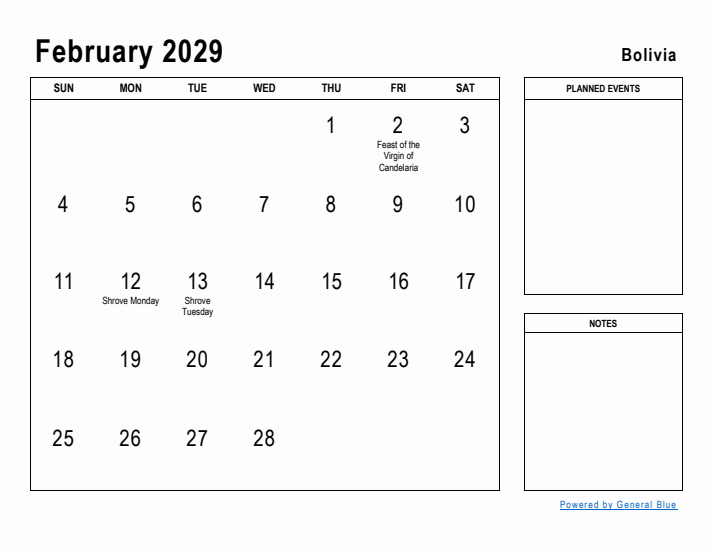 February 2029 Printable Monthly Calendar with Bolivia Holidays