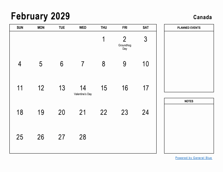 February 2029 Printable Monthly Calendar with Canada Holidays