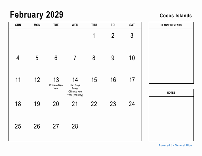 February 2029 Printable Monthly Calendar with Cocos Islands Holidays