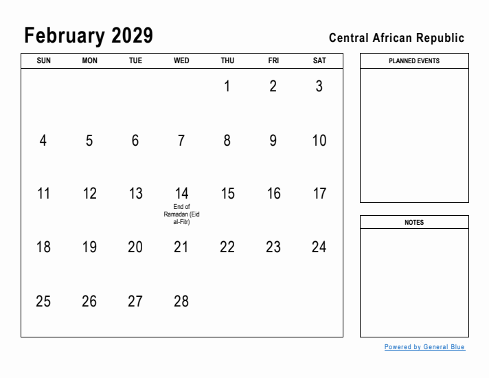 February 2029 Printable Monthly Calendar with Central African Republic Holidays