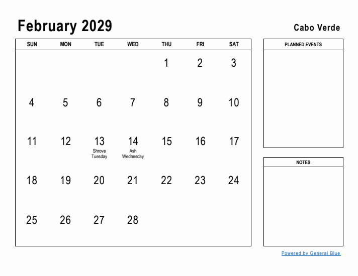 February 2029 Printable Monthly Calendar with Cabo Verde Holidays