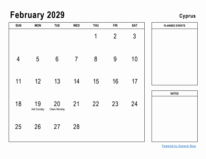 February 2029 Printable Monthly Calendar with Cyprus Holidays