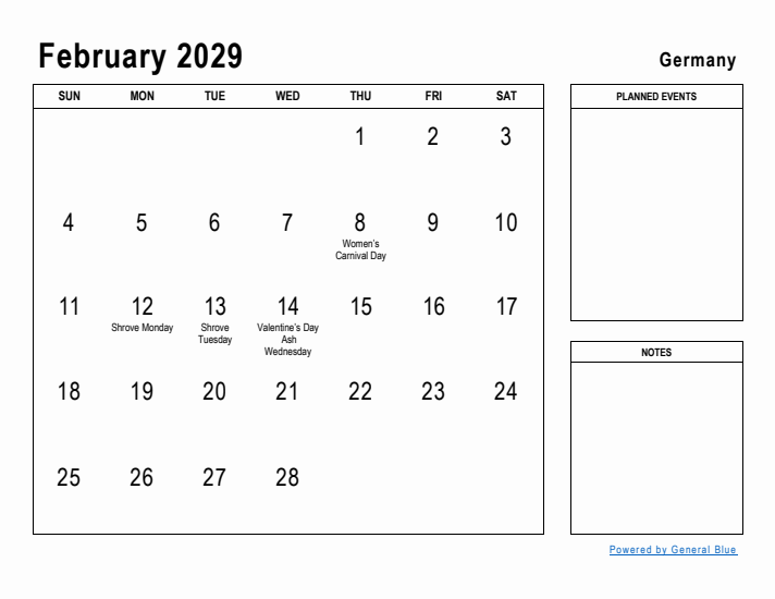 February 2029 Printable Monthly Calendar with Germany Holidays