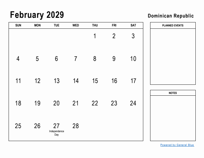 February 2029 Printable Monthly Calendar with Dominican Republic Holidays