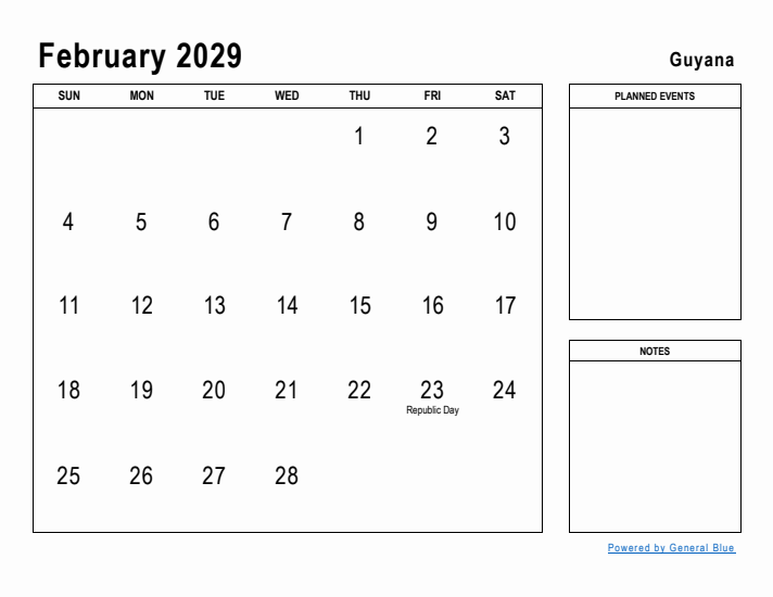 February 2029 Printable Monthly Calendar with Guyana Holidays