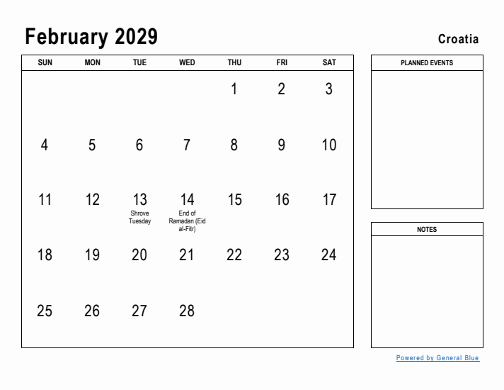 February 2029 Printable Monthly Calendar with Croatia Holidays