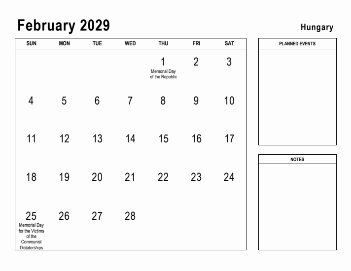 February 2029 Printable Monthly Calendar with Hungary Holidays