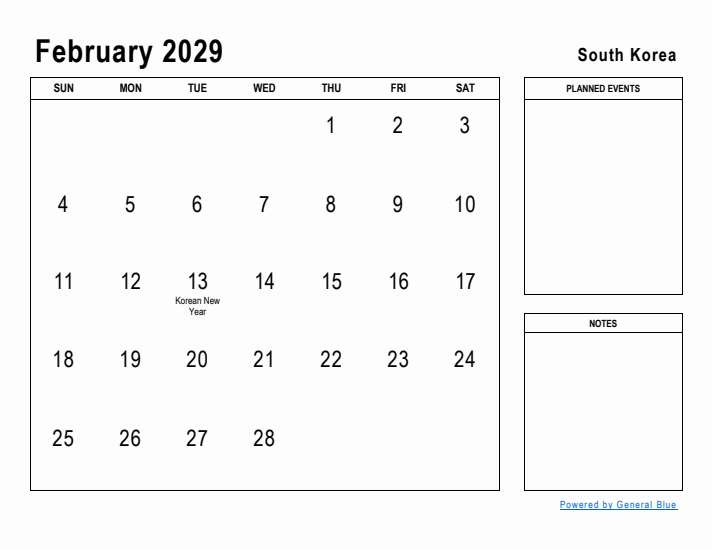 February 2029 Printable Monthly Calendar with South Korea Holidays