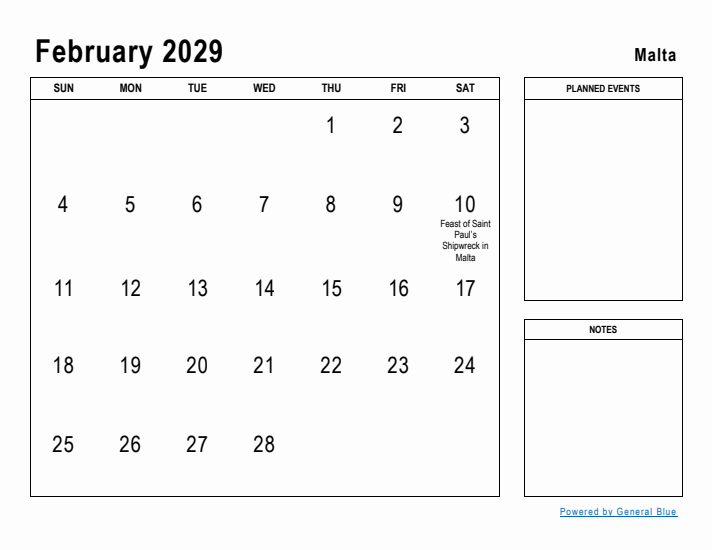 February 2029 Printable Monthly Calendar with Malta Holidays