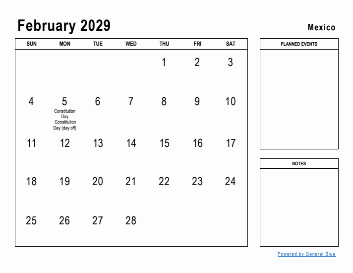 February 2029 Printable Monthly Calendar with Mexico Holidays