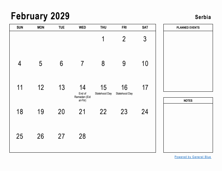 February 2029 Printable Monthly Calendar with Serbia Holidays