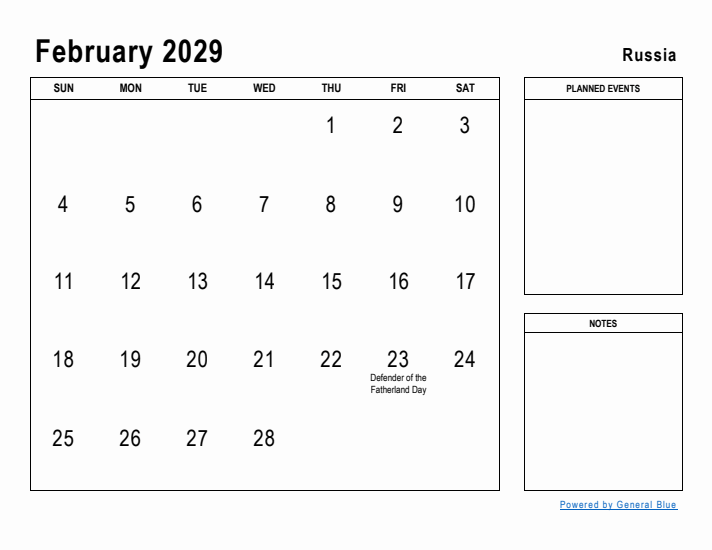 February 2029 Printable Monthly Calendar with Russia Holidays