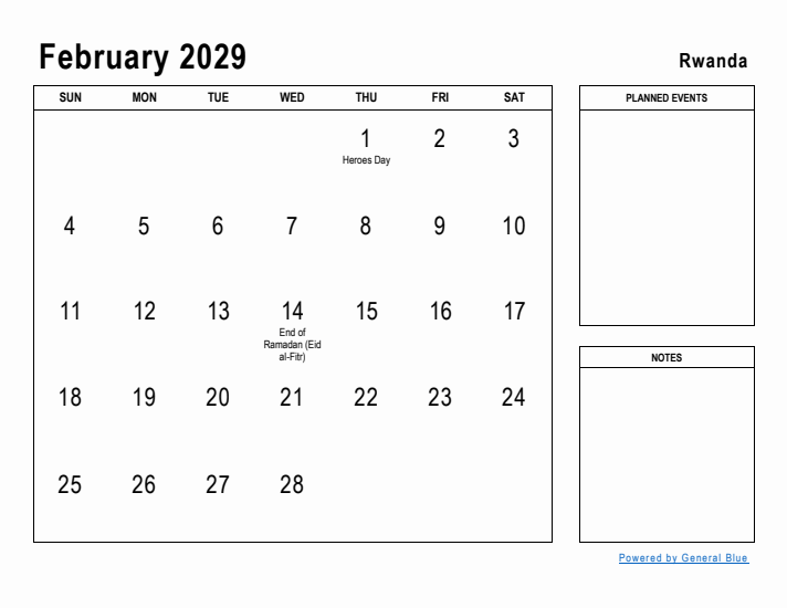 February 2029 Printable Monthly Calendar with Rwanda Holidays