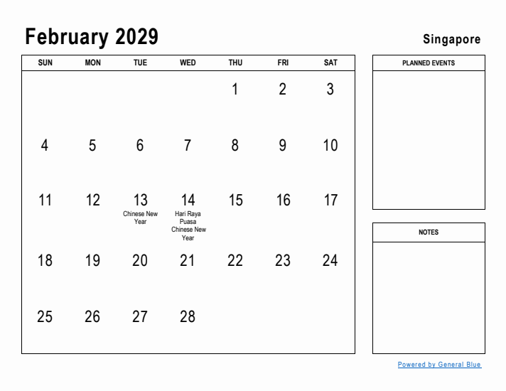 February 2029 Printable Monthly Calendar with Singapore Holidays