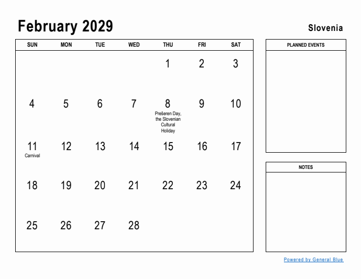 February 2029 Printable Monthly Calendar with Slovenia Holidays