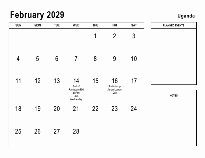 February 2029 Printable Monthly Calendar with Uganda Holidays