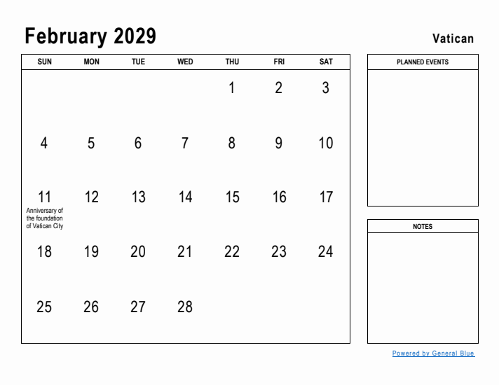 February 2029 Printable Monthly Calendar with Vatican Holidays