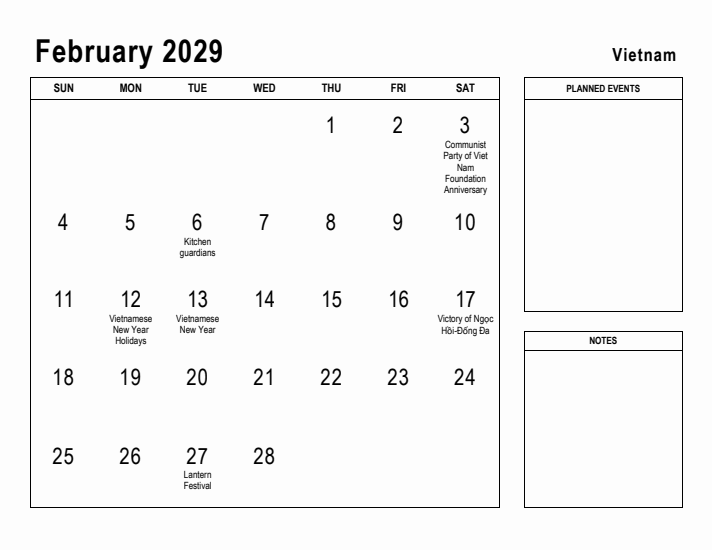 February 2029 Printable Monthly Calendar with Vietnam Holidays