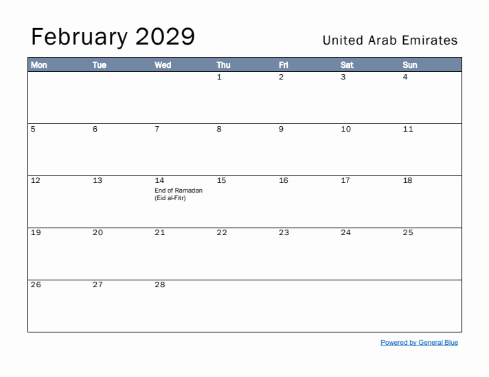 February 2029 Simple Monthly Calendar for United Arab Emirates