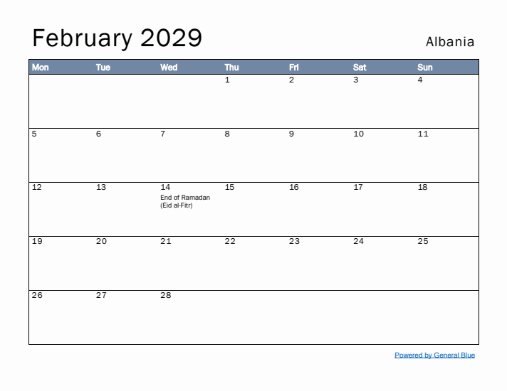 February 2029 Simple Monthly Calendar for Albania