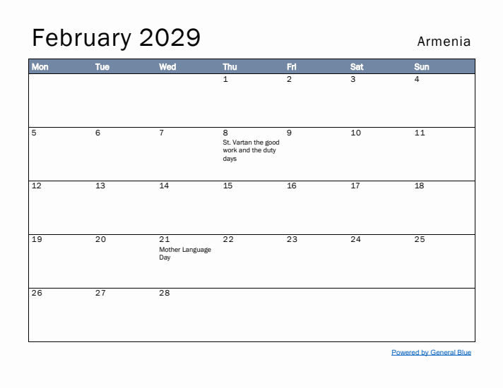 February 2029 Simple Monthly Calendar for Armenia