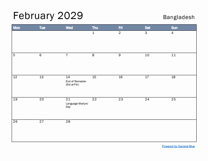 February 2029 Simple Monthly Calendar for Bangladesh