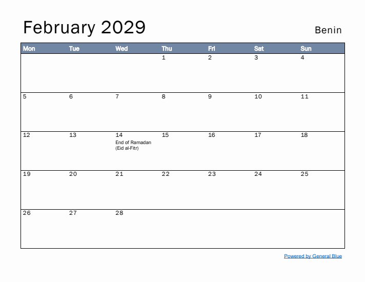 February 2029 Simple Monthly Calendar for Benin