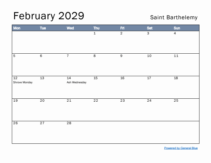 February 2029 Simple Monthly Calendar for Saint Barthelemy