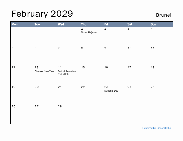 February 2029 Simple Monthly Calendar for Brunei