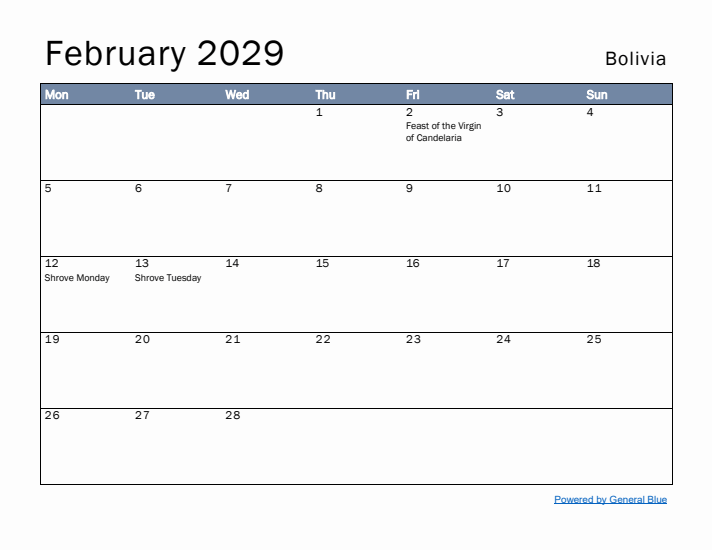 February 2029 Simple Monthly Calendar for Bolivia