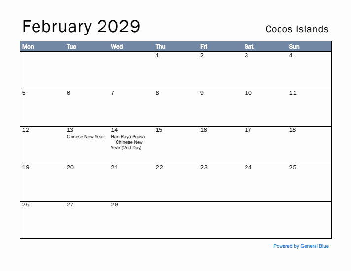 February 2029 Simple Monthly Calendar for Cocos Islands