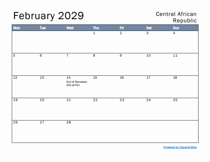 February 2029 Simple Monthly Calendar for Central African Republic