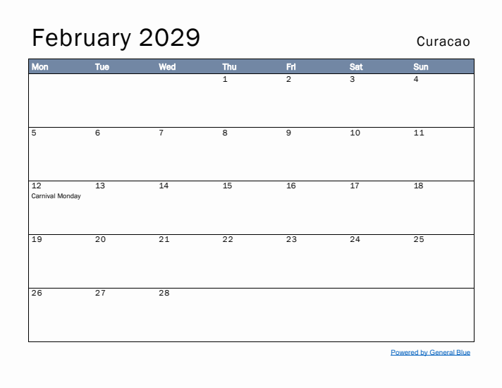 February 2029 Simple Monthly Calendar for Curacao