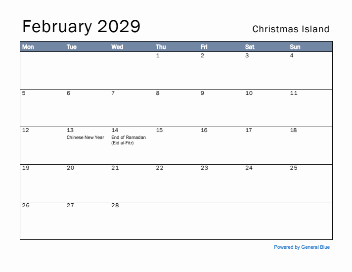 February 2029 Simple Monthly Calendar for Christmas Island