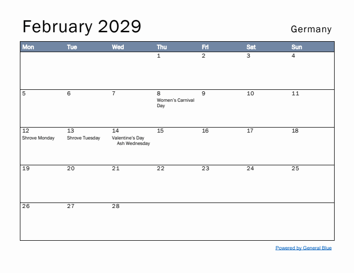 February 2029 Simple Monthly Calendar for Germany