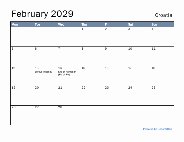 February 2029 Simple Monthly Calendar for Croatia