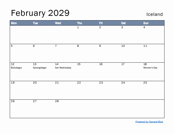 February 2029 Simple Monthly Calendar for Iceland