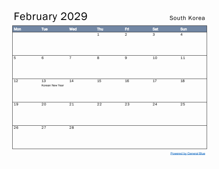 February 2029 Simple Monthly Calendar for South Korea