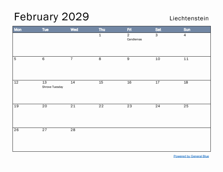 February 2029 Simple Monthly Calendar for Liechtenstein