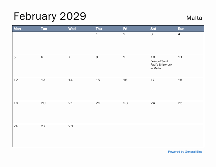 February 2029 Simple Monthly Calendar for Malta