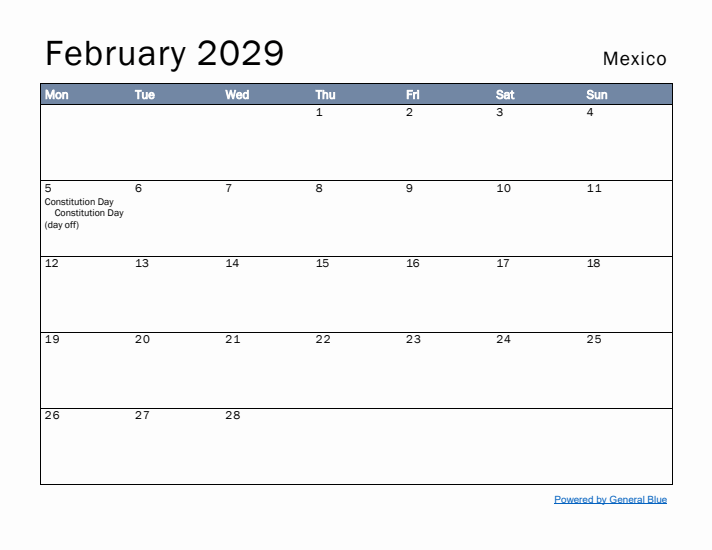 February 2029 Simple Monthly Calendar for Mexico