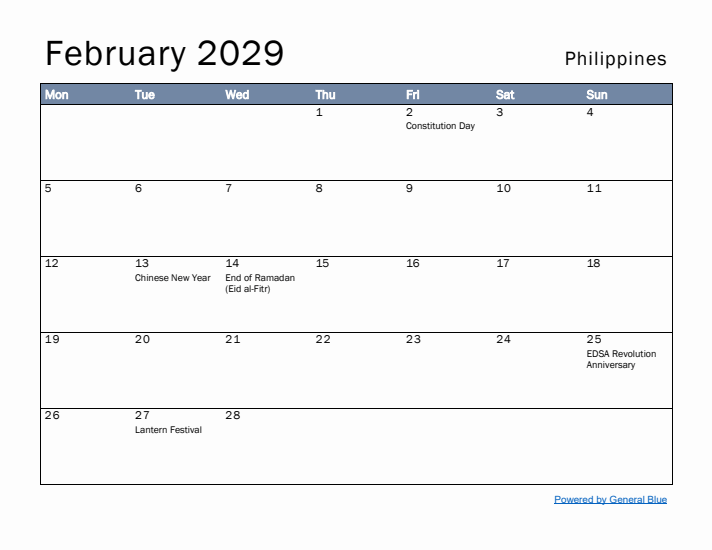 February 2029 Simple Monthly Calendar for Philippines