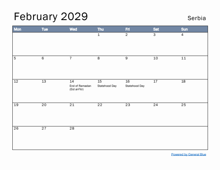 February 2029 Simple Monthly Calendar for Serbia